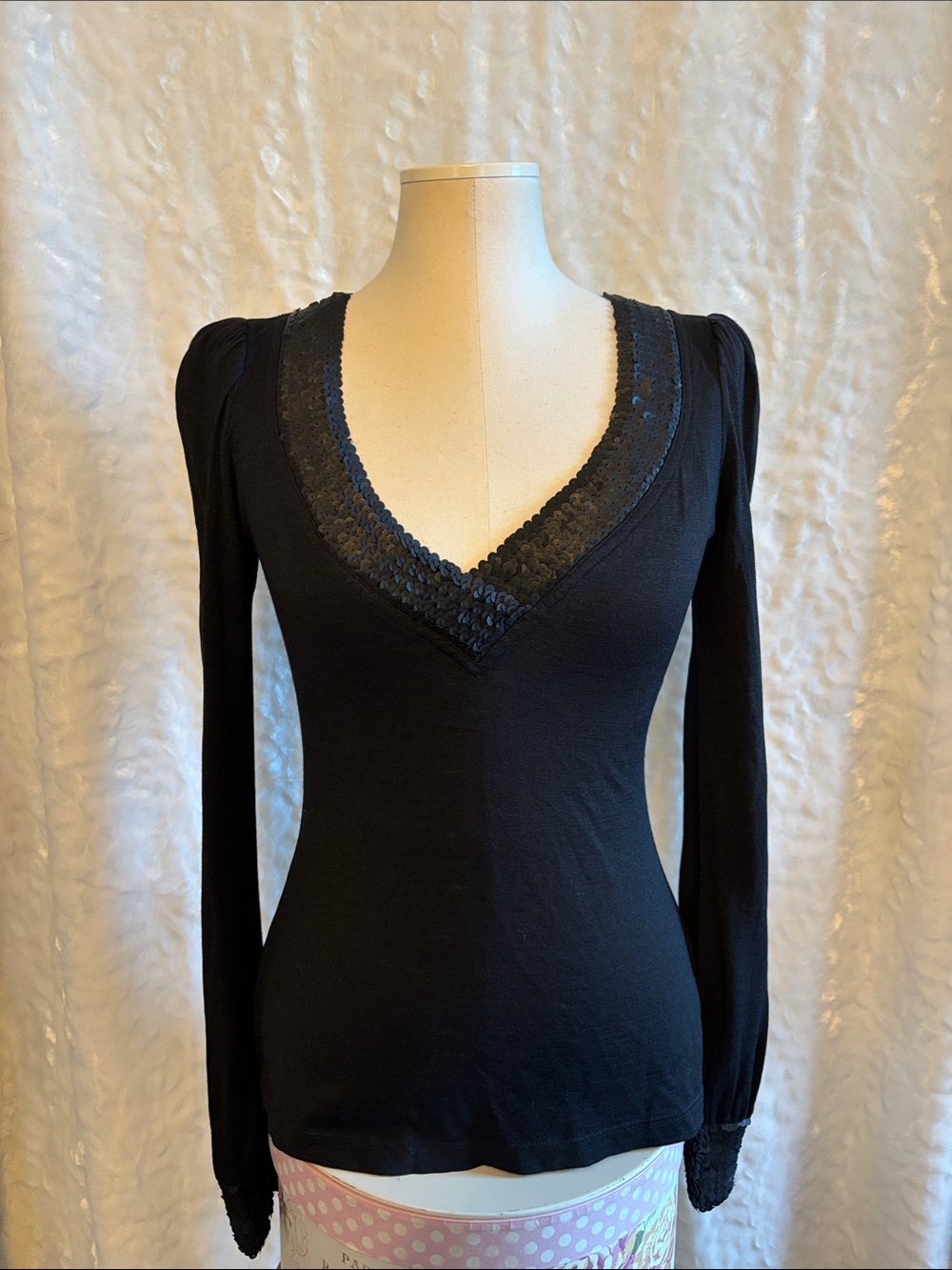 Diane Von Furstenberg Black V-Neck Long-Sleeve Top with Sequin Trim